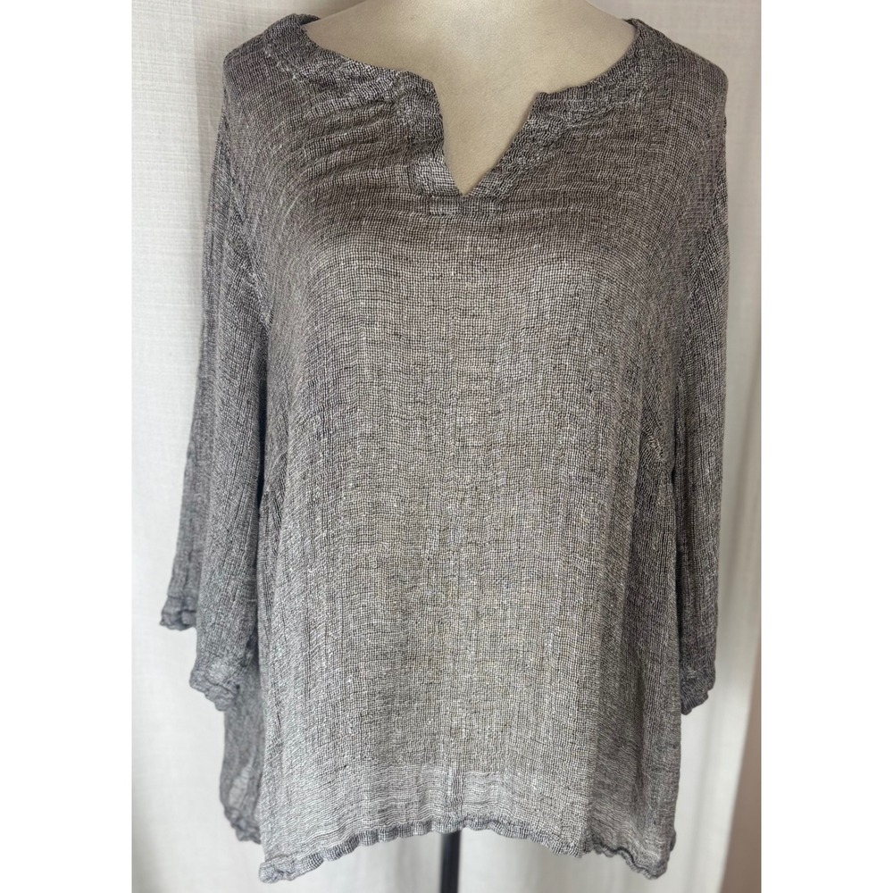 Pure Jill Women's Grey Marled 100% Linen Split Neck Tunic Blouse 3X